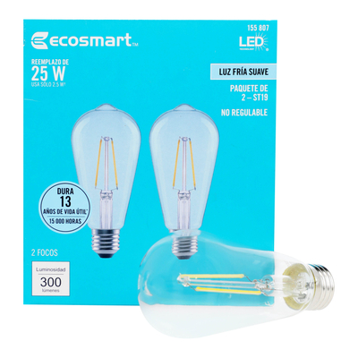 FOCO LED E26 ST19 LUZ FRÍA 2.5 W / 25 W 2 PIEZAS