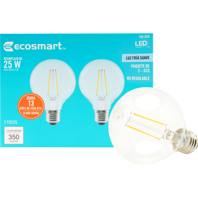 FOCO LED E26 G25 LUZ FRÍA 3 W / 25 W 2 PIEZAS