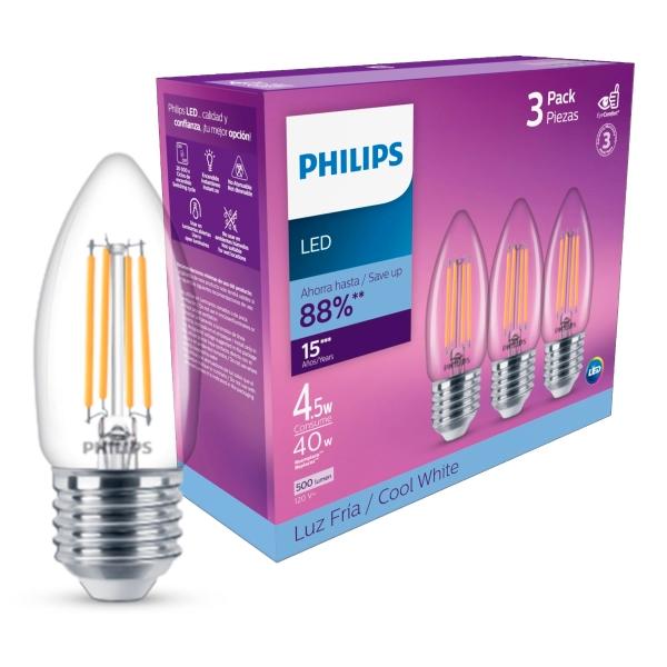 FOCO LED E27 VELA B11 LUZ FRÍA 4.5 W / 40 W 3 PIEZAS