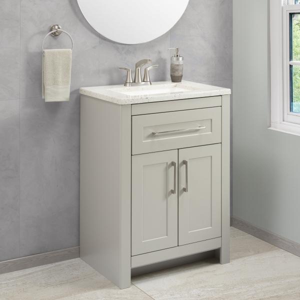 MUEBLE PARA BAÑO A PISO CLADY 24" GRIS HUMO TERMOFORMADO CON LAVABO SUPERFICIE SÓLIDA SILVER ASH