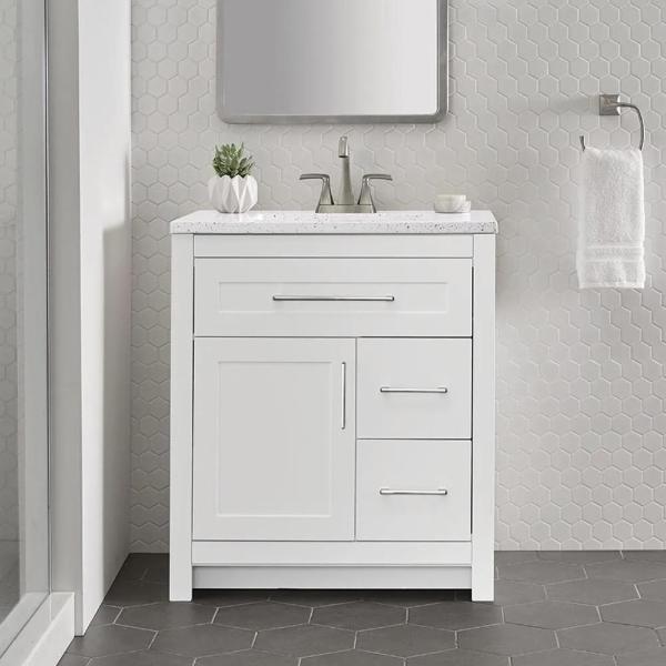MUEBLE PARA BAÑO DE PISO CLADY 30" BLANCO TERMOFORMADO CON LAVABO SUPERFICIE SÓLIDA SILVER ASH