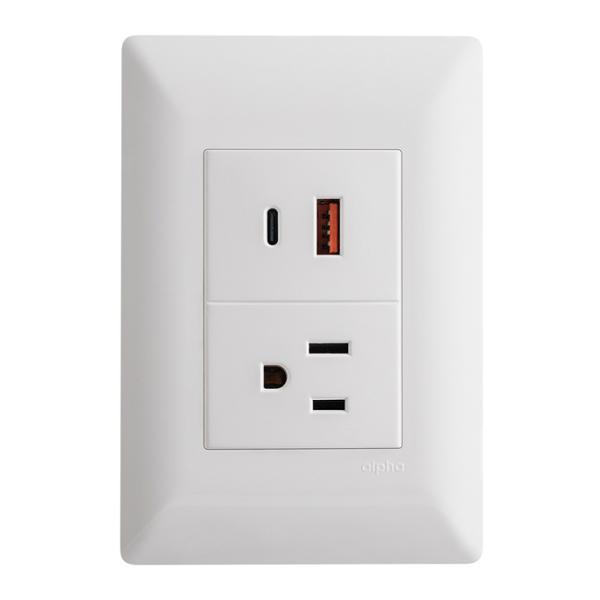 CONTACTO CON 2 TOMAS DE CARGA USB TIPO A Y PLACA DE PARED BLANCO