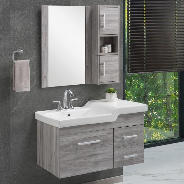 MUEBLE PARA BAÑO FLOTANTE SEVILLA 32" CAFÉ PVC CON ESPEJO BOTIQUÍN Y LAVABO