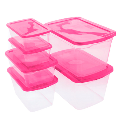 SET 6 CAJAS ORGANIZADORAS TRANSPARENTE 302, 61, 15, 11 L PLÁSTICO TAPA FUCSIA APILABLE