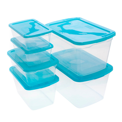 SET 6 CAJAS ORGANIZADORAS TRANSPARENTE 302, 61, 15, 11 L PLÁSTICO TAPA AZUL APILABLE