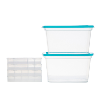 SET 6 CAJAS ORGANIZADORAS TRANSPARENTE 15 L PLÁSTICO TAPA AZUL APILABLE Y 4 C/DIVISIONES