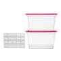 SET 6 CAJAS ORGANIZADORAS TRANSPARENTE 15 L PLÁSTICO TAPA ROSA APILABLE Y 4/C DIVISIONES