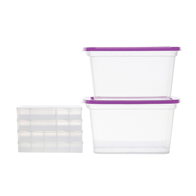SET 6 CAJAS ORGANIZADORAS TRANSPARENTE 15 L PLÁSTICO TAPA MORADA APILABLE Y 4 C/DIVISIONES