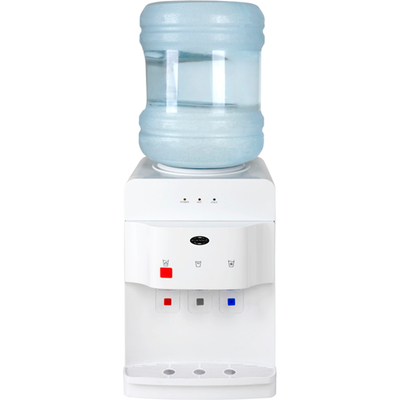 DISPENSADOR DE AGUA DE MESA CON TARJETA FRÍO Y CALOR PLÁSTICO Y METAL BLANCO