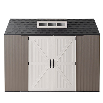 COBERTIZO DE ALMACENAMIENTO PARA EXTERIOR HORIZONTAL RESINA 7 X 10 MARRON/GRIS CON VENTANAS