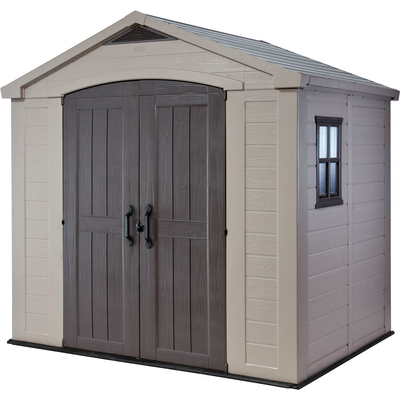 COBERTIZO DE ALMACENAMIENTO EXTERIOR VERTICAL RESINA 256.5X182X243 CM BEIGE TOPO CON VENTANA