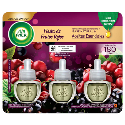 AIR WICK AROMATIZANTE ELÉCTRICO REPUESTO FIESTA DE ARANDANOS 3 PIEZAS DE 2O ML
