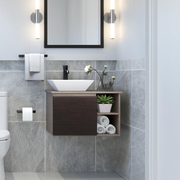 MUEBLE PARA BAÑO FLOTANTE UCELLO 32" ROBLE MDP CON LAVABO, MONOMANDO Y ESPEJO