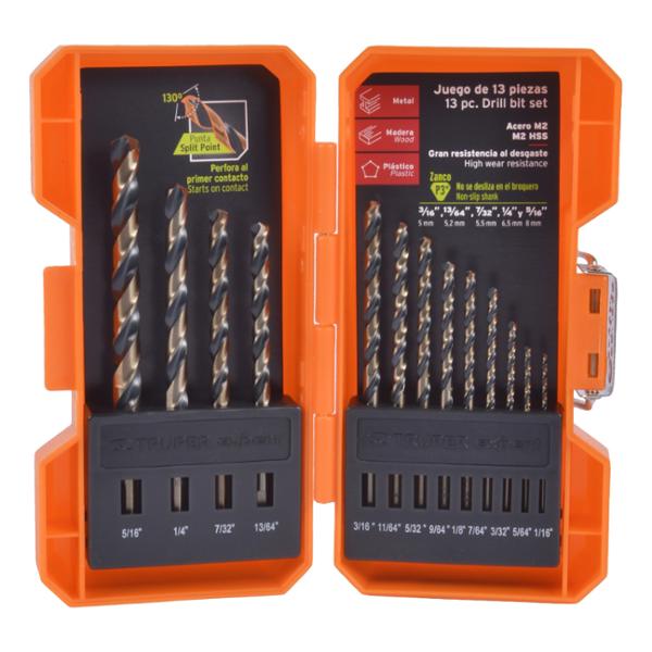 JUEGO DE BROCAS PARA MADERA, METAL Y PLASTICO HSS M2 1/16" A 5/16" 13 PIEZAS