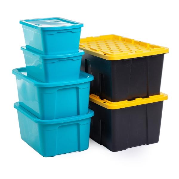 SET 6 CAJAS ORGANIZADORAS USO RUDO 114, 55, 23 L PLÁSTICO TAPA NEGRA AMARILLA Y AZUL