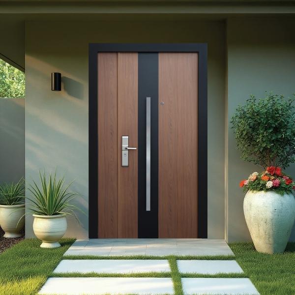 PUERTA EXTERIOR DE SEGURIDAD CON FIJO 15 PASADORES 120 X 213 CM DERECHA TABACO