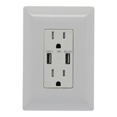 CONTACTO DUPLEX CON 2 PUERTOS USB TIPO A Y PLACA DE PARED BLANCO
