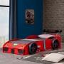 CAMA AUTO DE CARRERAS INDIVIDUAL DE MDF ROJO CON BAÚL FRONTAL INFANTIL 160 KG