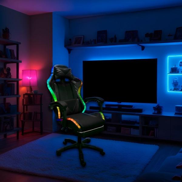 SILLA GAMING CON REPOSAPIES Y LUZ LED PREMIUM GAMER COLOR NEGRO