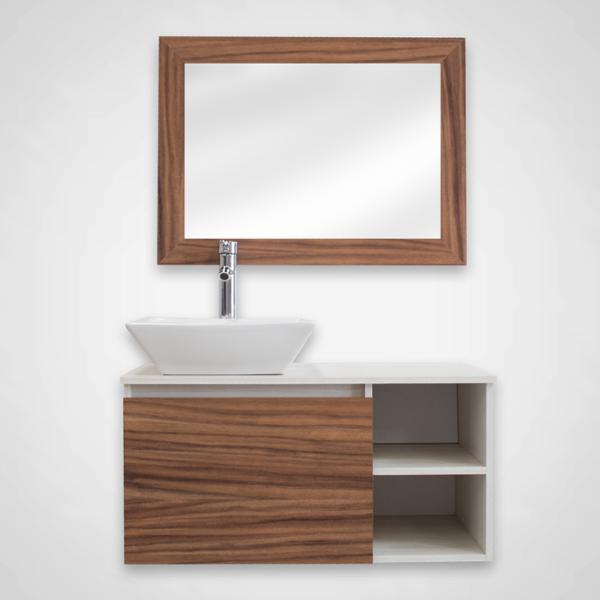 MUEBLE PARA BAÑO FLOTANTE UCELLO 32" BEIGE Y CAFÉ MDP CON LAVABO, LLAVE Y ESPEJO