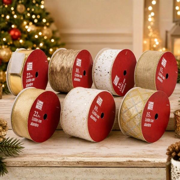 LISTÓN NAVIDEÑO 7 CM X 15 M BRILLANTE TONOS DORADOS DISPONIBLE EN 7 ESTILOS DIFERENTES