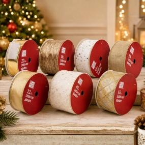 LISTÓN NAVIDEÑO 7 CM X 15 M BRILLANTE TONOS DORADOS DISPONIBLE EN 7 ESTILOS DIFERENTES