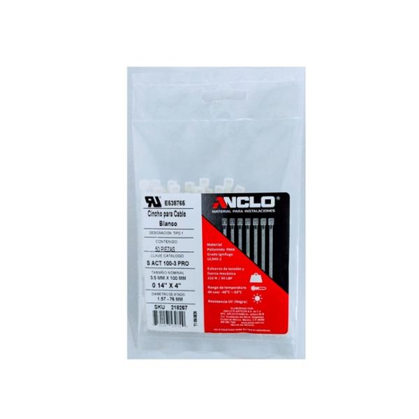 CINCHO PARA CABLES ELÉCTRICOS DE PLÁSTICO 10.2 CM X 3.5 MM BLANCO 100 PIEZAS