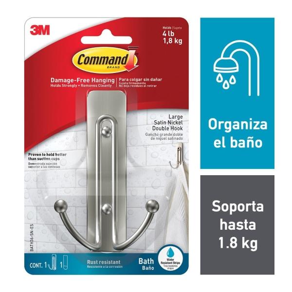 GANCHO COMMAND DECORATIVO DOBLE PUNTA, NIQUEL, GRANDE, TIRAS RESISTENTES AL AGUA, 1 UND