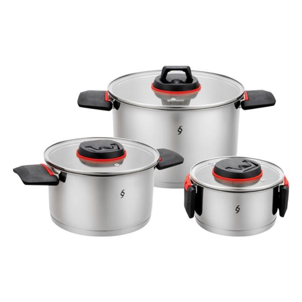 BATERIA ACERO 3 OLLAS ASAS ABATIBLES+TAPAS CRISTAL
