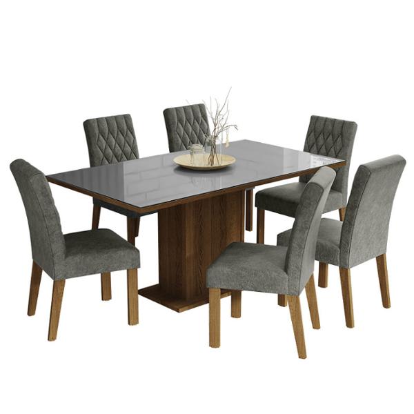 SET DE COMEDOR DE 6 SILLAS VIDRIO GRIS/PLATA
