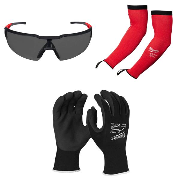 MILWAUKEE COMBO DE SEGURIDAD PARA EL TRABAJO, MANGAS PROTECTORAS, LENTES Y GUANTES.