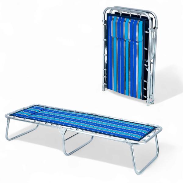 CAMA PLEGABLE INDIVIDUAL DE METAL AZUL CON ALMOHADA PORTÁTIL MODERNO 110 KG