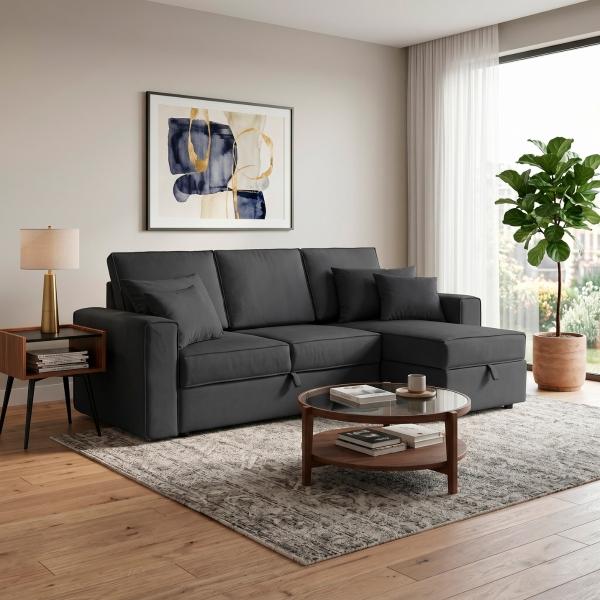 SALA ESQUINERA MODULAR VIENA SOFÁ CAMA TELA PLIANA 2.35 X 1.52 X 0.91 M GRIS OSCURO