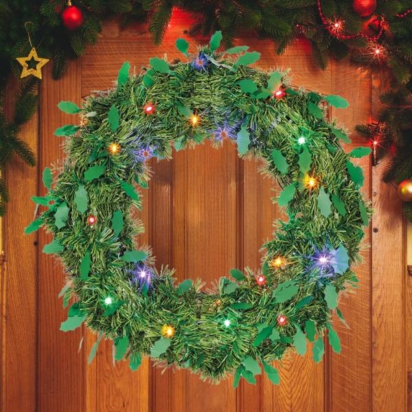 CORONA NAVIDEÑA ILUMINADA LED CÁLIDO VERDE PINO BOA HOJAS GIGANTES DE 50 CM