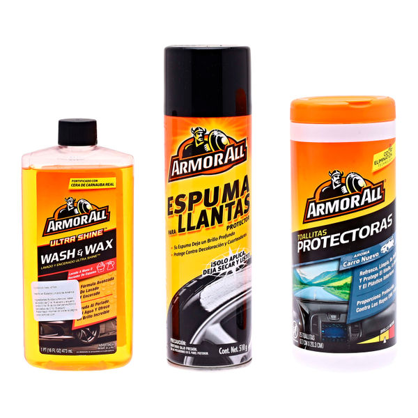 TRIPACK PROTECCIÓN RAPIDA TIRE FOAM + TOALLITAS PROTECTORAS + SHAMPOO CERA ULTRA SHINE ARMOR ALL