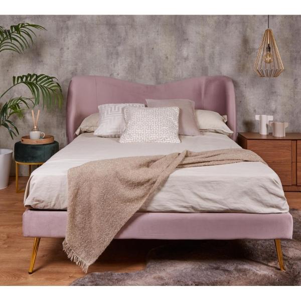 Cama Matrimonial con Cabecera Rosa en Terciopelo. Rellena de Hule Espuma. Estructura de Madera