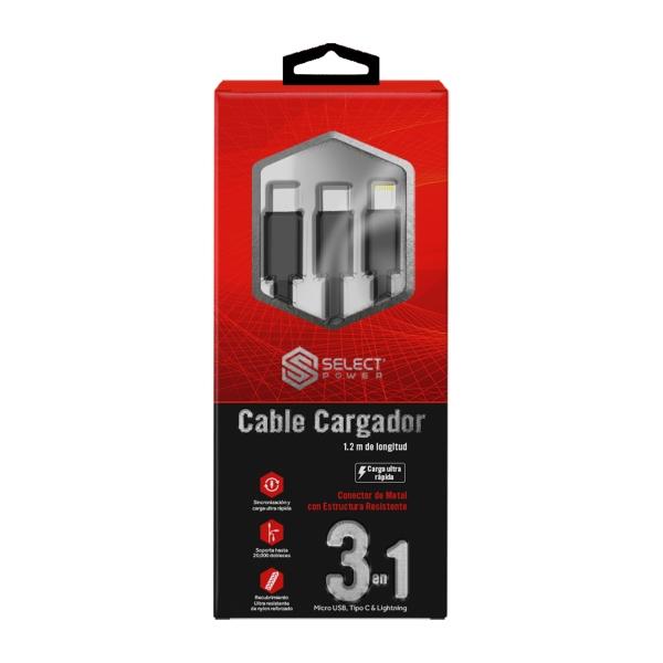 CABLE CARGADOR 3 EN 1 USB A MICRO USB, TIPO C Y LIGHTNING 3IN1SP