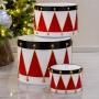 SET 3 ADORNOS NAVIDEÑOS TAMBORES METÁLICOS ROJO BLANCO Y NEGRO