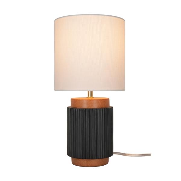 LÁMPARA DE MESA DE 35.5CM CON BASE NEGRA TIPO MADERA Y PANTALLA DE LINO BLANCO
