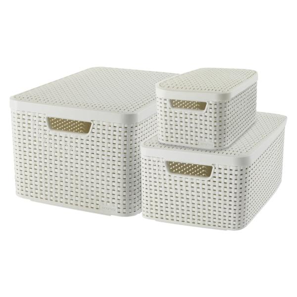 SET 3 CAJAS ORGANIZADORAS SÓLIDAS 6, 18 Y 39 L PLÁSTICO TAPA BLANCO OSTIÓN TIPO RATAN
