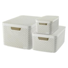 SET 3 CAJAS ORGANIZADORAS SÓLIDAS 6, 18 Y 39 L PLÁSTICO TAPA BLANCO OSTIÓN TIPO RATAN