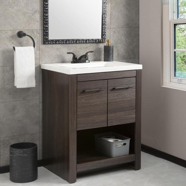 MUEBLE PARA BAÑO A PISO ARTELLA 24" OLMO OSCURO EN TERMOFORMADO CON LAVABO BLANCO
