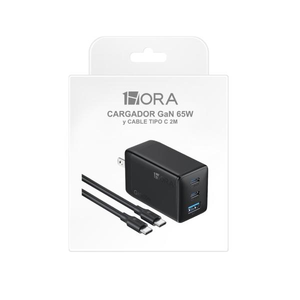 CARGADOR 65W 3 EN 1 CARGA RÁPIDA 2 TIPO C Y 1 USB CON CABLE TIPO C 2M GAR322 1HORA