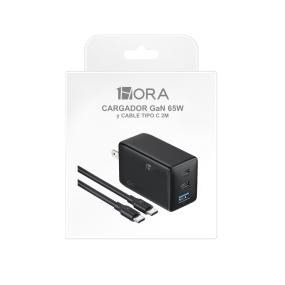 CARGADOR 65W 3 EN 1 CARGA RÁPIDA 2 TIPO C Y 1 USB CON CABLE TIPO C 2M GAR322 1HORA