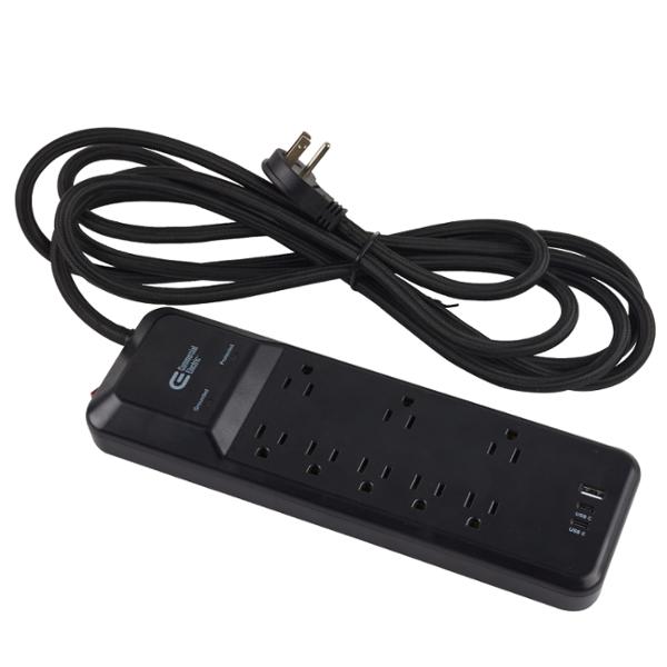 MULTICONTACTO SUPRESOR DE PICOS CON CABLE TRENZADO DE 3.6 M CON 8 CONTACTOS, 1 USB-A Y 2 USB-C NEGRO