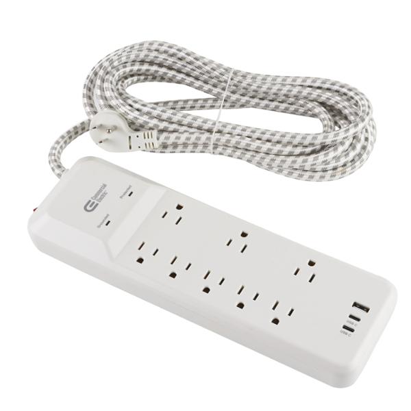 MULTICONTACTO SUPRESOR DE PICOS CON CABLE TRENZADO DE 3.6 M, 8 CONTACTOS, 1 USB-A Y 2 USB-C, BLANCO
