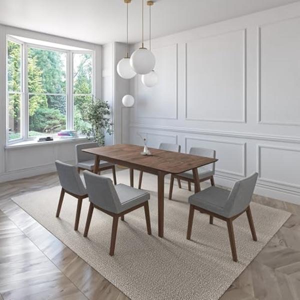 JUEGO DE COMEDOR EXTENSIBLE MILAN DE MADERA DE NOGAL CON 6 SILLAS TAPIZADAS GRIS CLARO