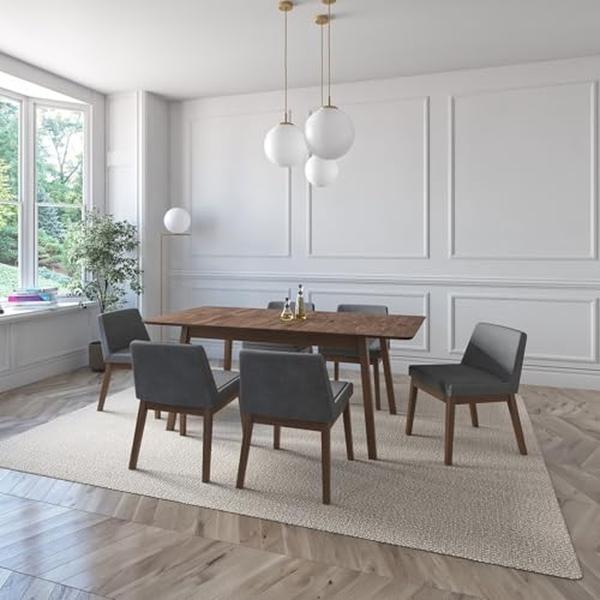 JUEGO DE COMEDOR EXTENSIBLE MILAN DE MADERA DE NOGAL CON 6 SILLAS TAPIZADAS GRIS OSCURO