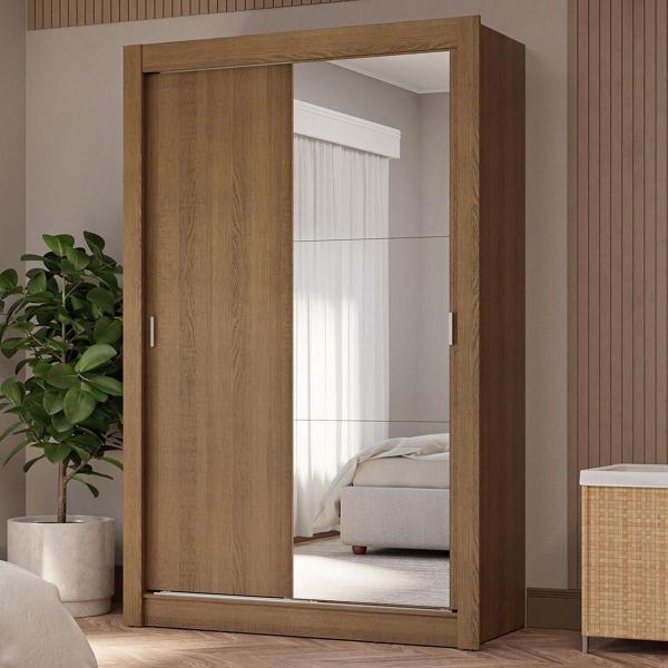 CLÓSET MDP CORREDIZO 205 X 117 X 51 CM CAFÉ CON ESPEJO Y 4 CAJÓNES