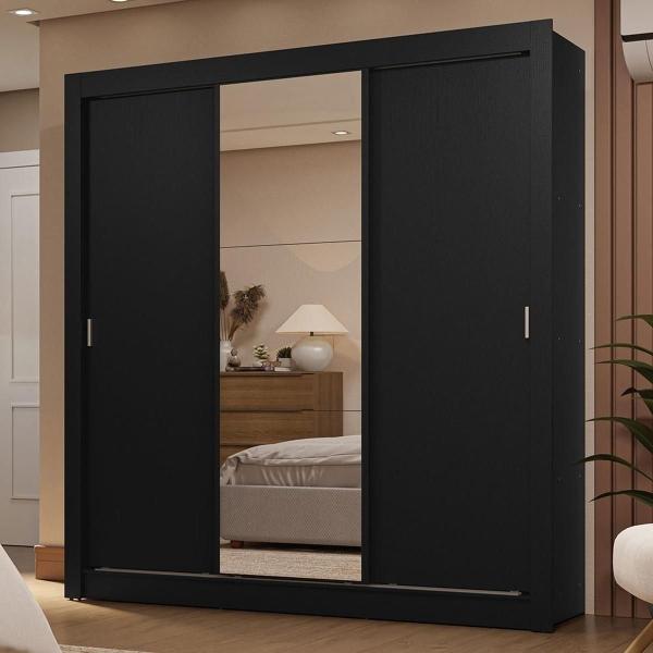 CLÓSET MDP CORREDIZA 205 X 170 X 51 CM NEGRO CON ESPEJO Y 2 CAJÓNES